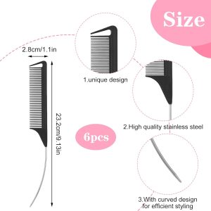 6-Pack Rat Tail Combs, Curved Parting Combs for Hair Styling – Black