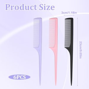 6-Piece Fine Tooth Rat Tail Combs, Carbon Fiber, Anti-Static for Root Teasing & Volume (2 Each: Pink, Purple, Black)