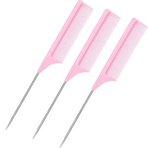 3 Pack 9" Rat Tail Combs, Carbon Fiber, Heat Resistant, with Metal Pick