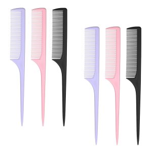 6-Piece Fine Tooth Rat Tail Combs, Carbon Fiber, Anti-Static for Root Teasing & Volume (2 Each: Pink, Purple, Black)