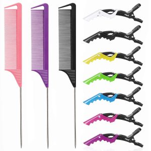 Rat Tail & Parting Combs with 7 Styling Clips, 3 Metal Teasing Combs