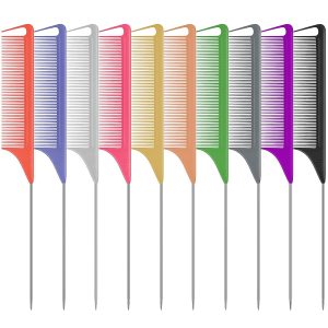 10-Piece Rat Tail Comb Set – Fine Tooth Teasing & Parting Combs for Braiding, Stainless Steel Pintail
